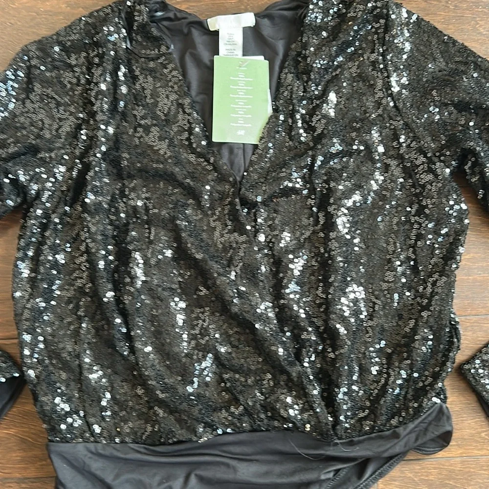 H & M Women’s Sz S Sequined Black Bodysuit Top Blouse Long Sleeve 3425 - Picture 2 of 3